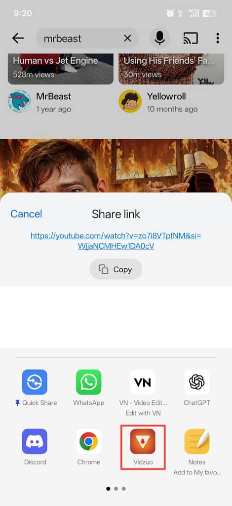 Share YouTube video into Vidzuo app to download