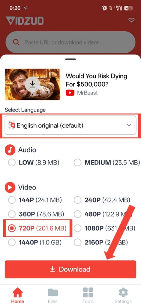 Select video format and language in Vidzuo app