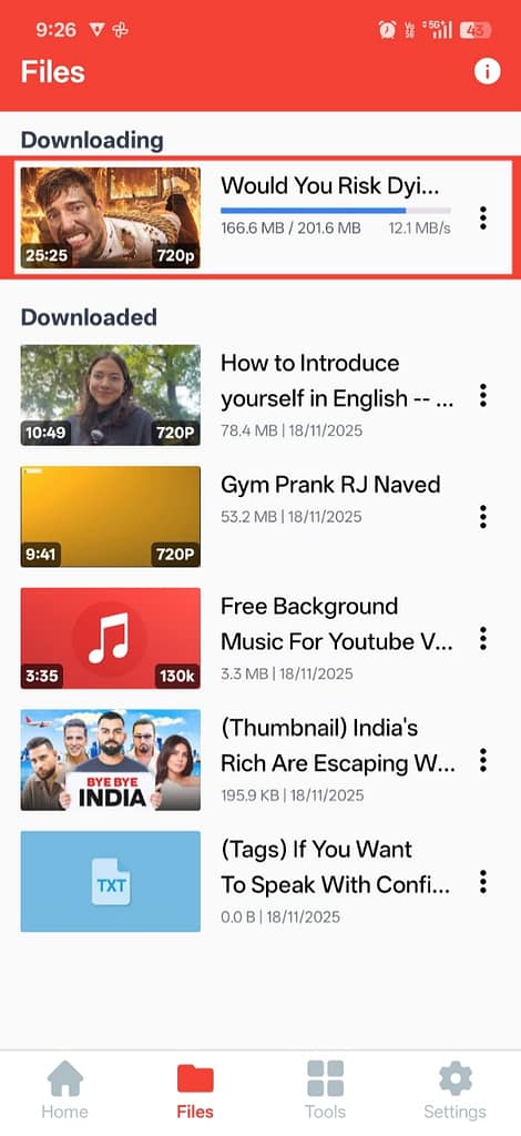 Downloading YouTube video using Vidzuo app