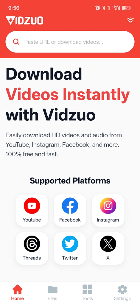 Vidzuo app home screen for YouTube video downloading